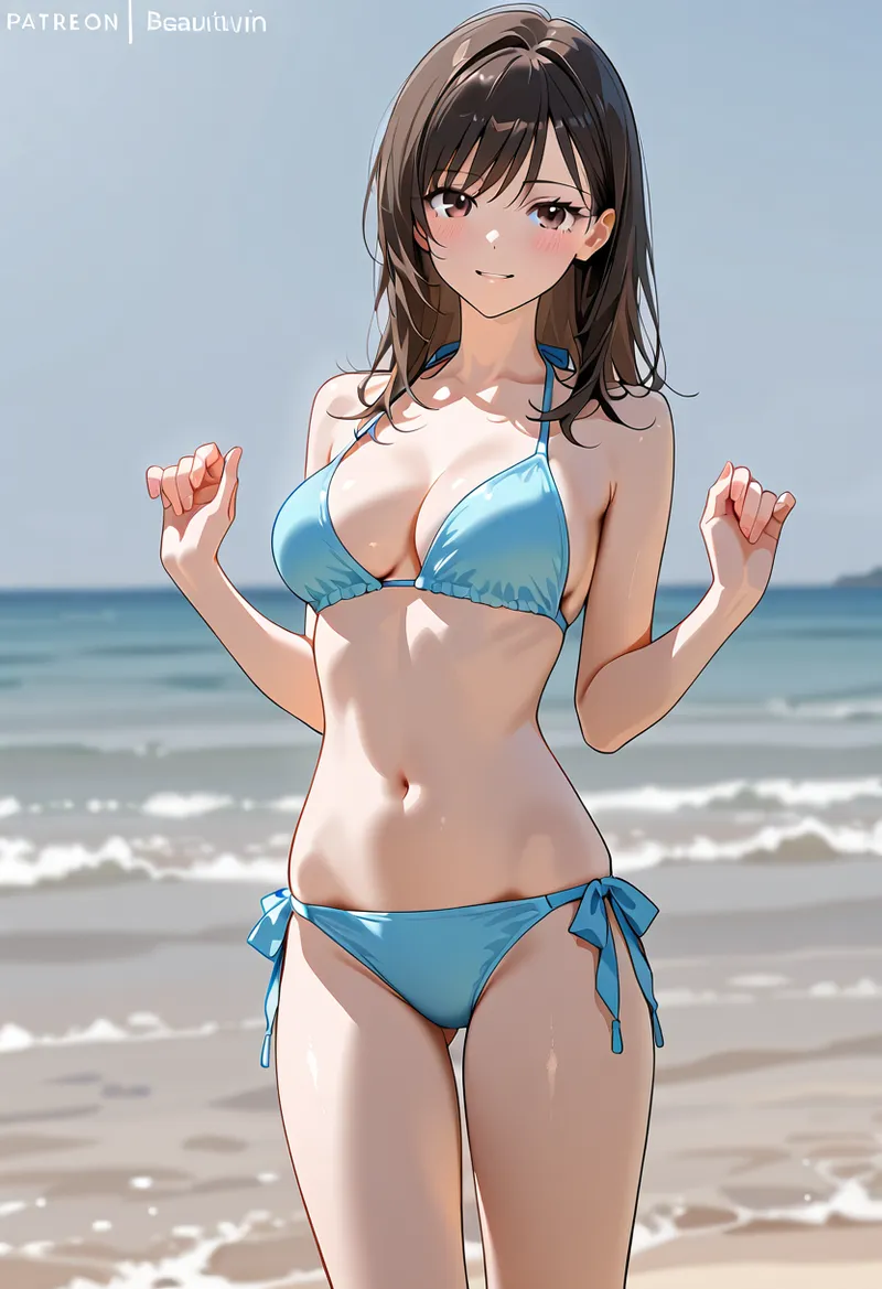 澄んだ海を背景に、黒髪セミロングの少女が爽やかな笑顔でポーズを取るイラストです。青いビキニ姿で、波打つ海岸の自然光に照らされた明るい雰囲気が特徴です。