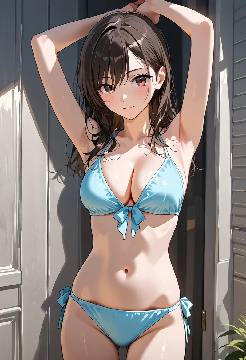 白い扉を背景に、柔らかな自然光に包まれた美少女のポートレート。黒髪が流れるような髪型で、赤い瞳が印象的。光と影の美しいコントラストが肌の質感を引き立てるアニメ調イラストです。
