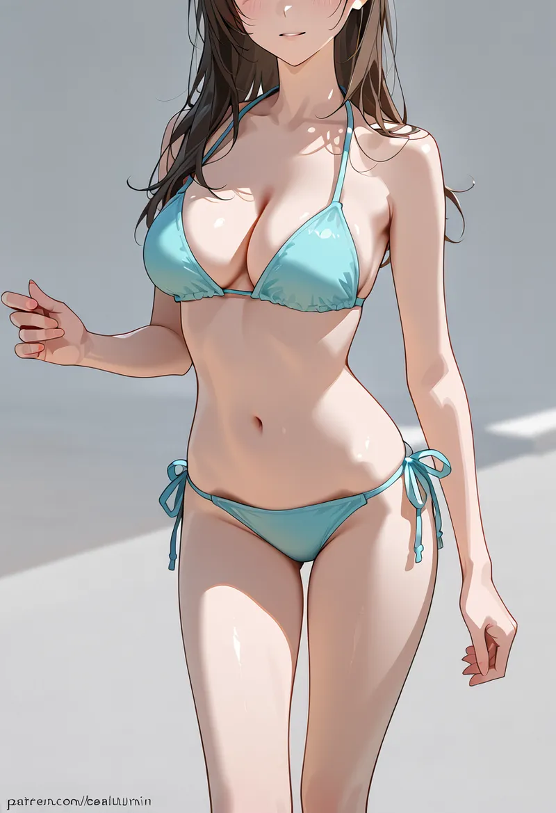 爽やかな水色のビキニを身にまとった長髪の美少女を描いたアニメ調イラストです。柔らかな陰影と光の表現が特徴で、落ち着いたグレー背景が清潔感のある雰囲気を演出しています。