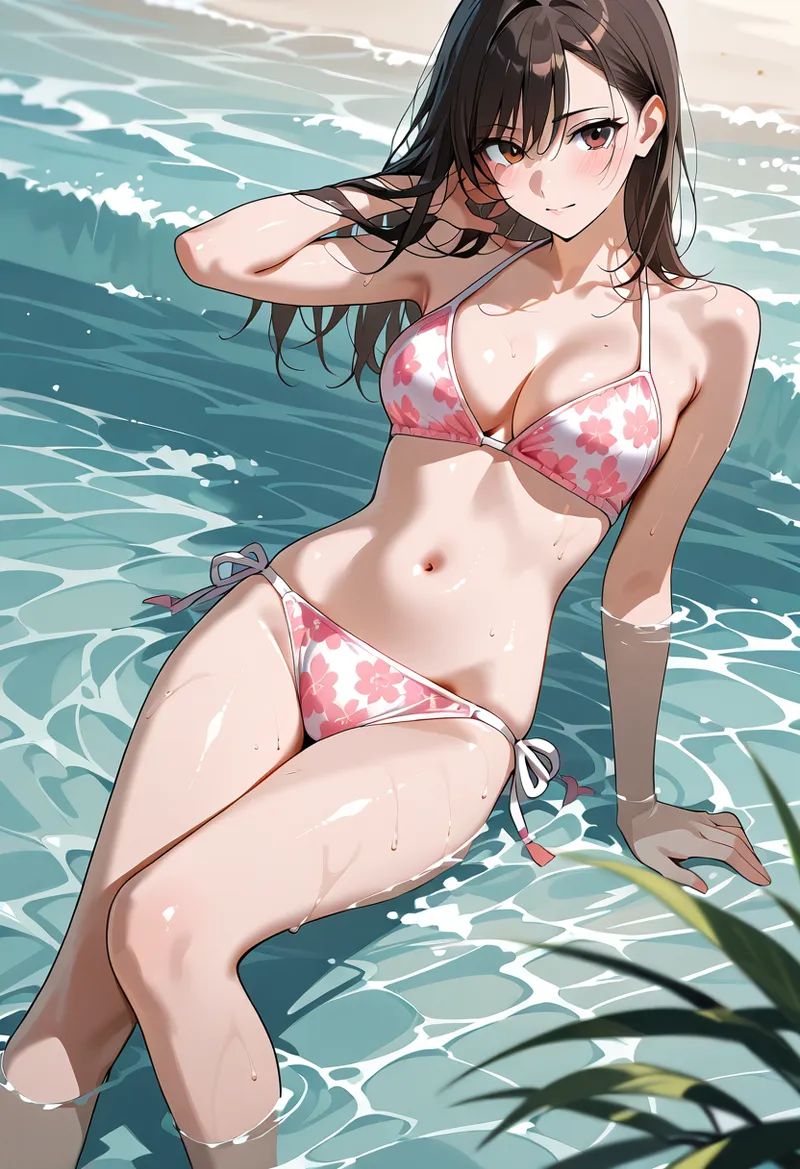 澄んだ水辺でポーズを取る、ピンク色の花柄ビキニを身に纏った美少女のイラストです。黒髪が優しく揺れ、清涼感あふれる夏らしい表情で、光の反射が美しい水面との調和を見せています。