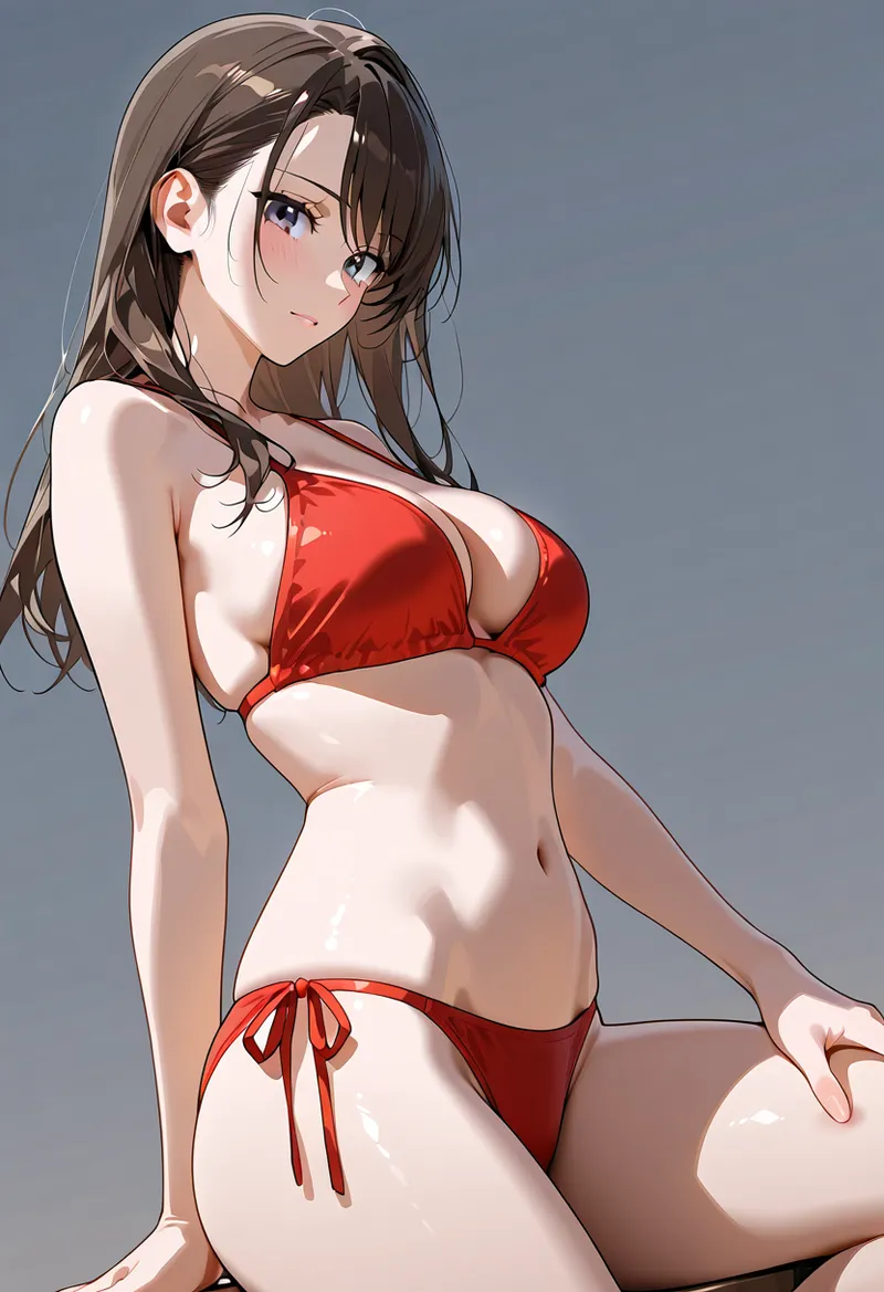 長い茶髪を優雅に流した美少女が、赤いビキニを身につけた姿を横向きで描いたアニメ調イラストです。柔らかなグラデーション背景と繊細な陰影で、洗練された雰囲気が表現されています。