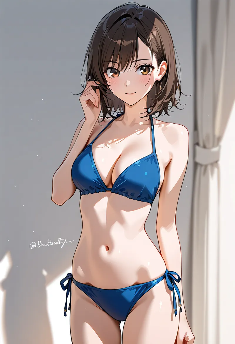 青いビキニ水着姿の美少女イラスト。淡褐色の肌に黒いショートヘアがよく似合い、穏やかな表情で上目遣いに髪を触る仕草が魅力的です。柔らかい自然光が窓から差し込む室内の落ち着いた空間で、清潔感のあるアニメ調の美しいポートレートに仕上がっています。