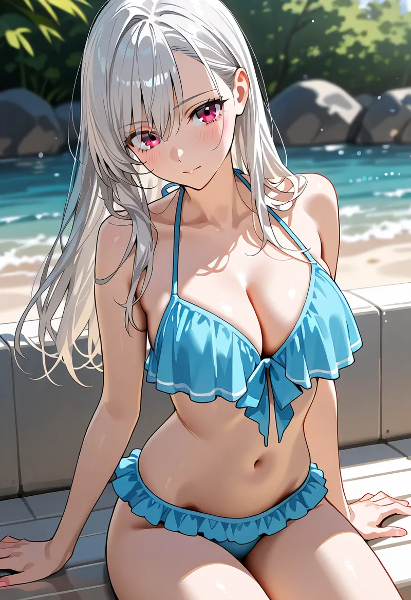 透き通るような白髪と鮮やかなピンクの瞳が印象的な美少女が、輝く海辺でゆったりと佇む姿を描いたアニメ調イラスト。爽やかなブルーの水着と白砂のコントラストが美しい作品です。