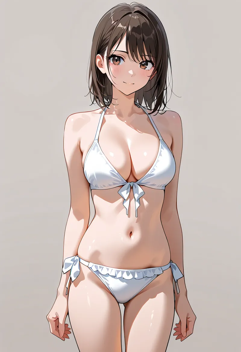 黒い短めのボブヘアと透明感のある瞳が印象的な、白いビキニ水着姿の美少女イラストです。清潔感のあるアニメ調タッチで描かれており、落ち着いた背景が人物を引き立てています。