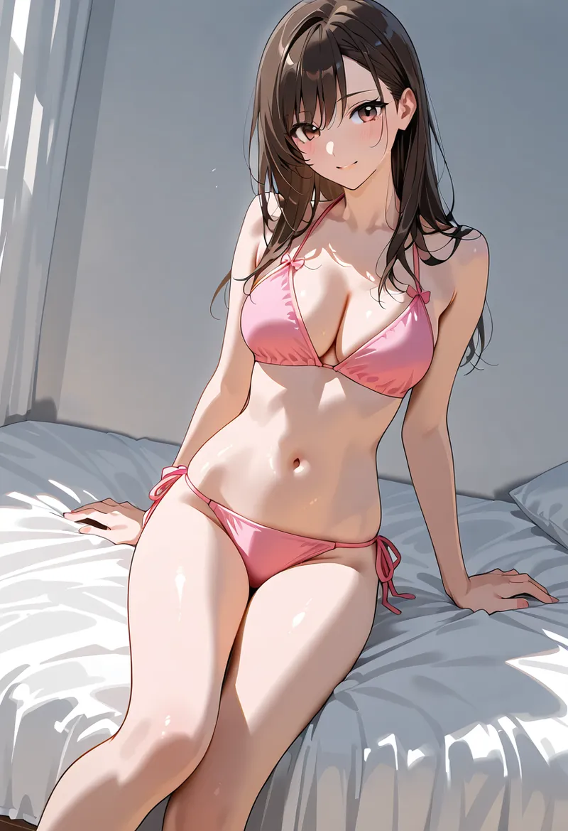 柔らかい日差しが差し込む室内で、ピンクの水着を身に纏った美少女が穏やかな表情で佇んでいます。長めのブラウンヘアと透き通るような肌の質感が丁寧に描写されたグラビアスタイルのイラストです。