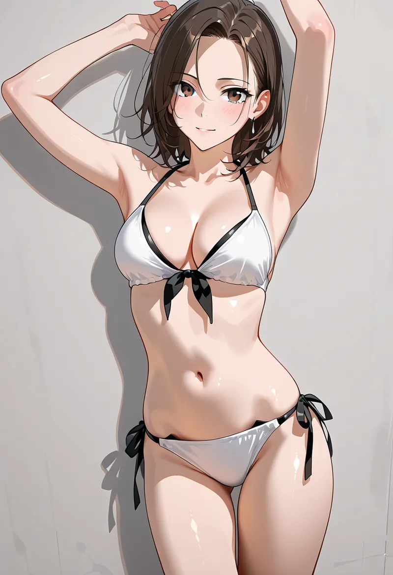 茶髪をまとめた美少女がホワイトビキニで撮影に臨む姿。黒いリボンが爽やかに映える白水着、自然な表情と優雅な腕の動きが特徴のアニメ調イラストです。