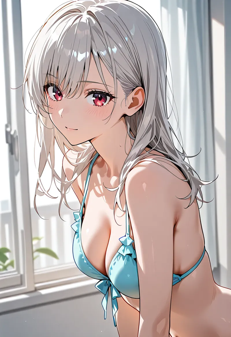 銀髪ロングヘアに赤紫色の瞳が印象的な美少女のアニメ調イラスト。窓からの柔らかな自然光が肌を優しく照らし、落ち着いた色調で描かれた上質なポートレート作品です。