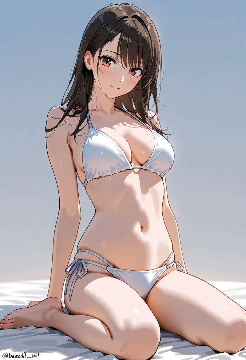 澄んだ青空を背景に、黒髪の美少女がビキニ姿で爽やかなポーズを取るアニメ調イラストです。光と影の表現が見事で、肌の艶やかさと表情の柔らかさが印象的な作品。