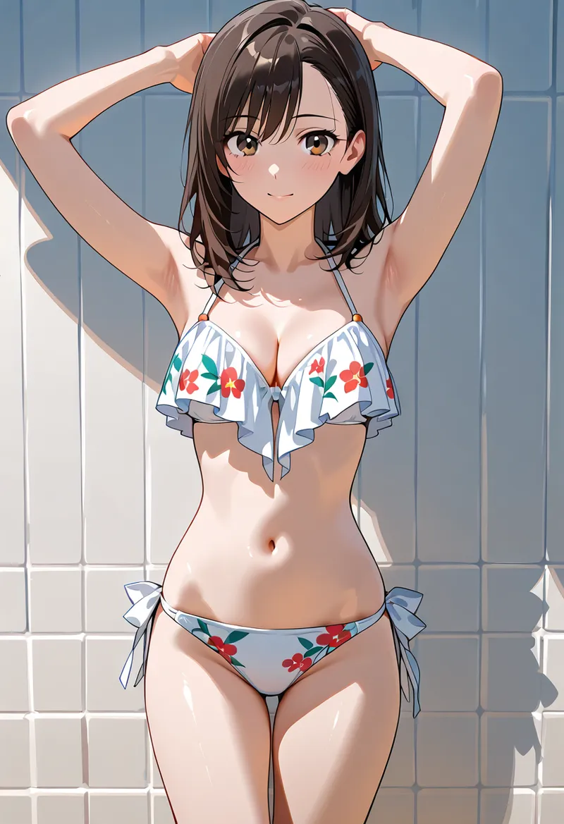 カラフルな花柄が映える白のビキニを身に纏った美少女のイラストです。黒髪をまとめた上品な仕草と、明るい室内光に照らされた清潔感のある雰囲気が印象的な一枚です。