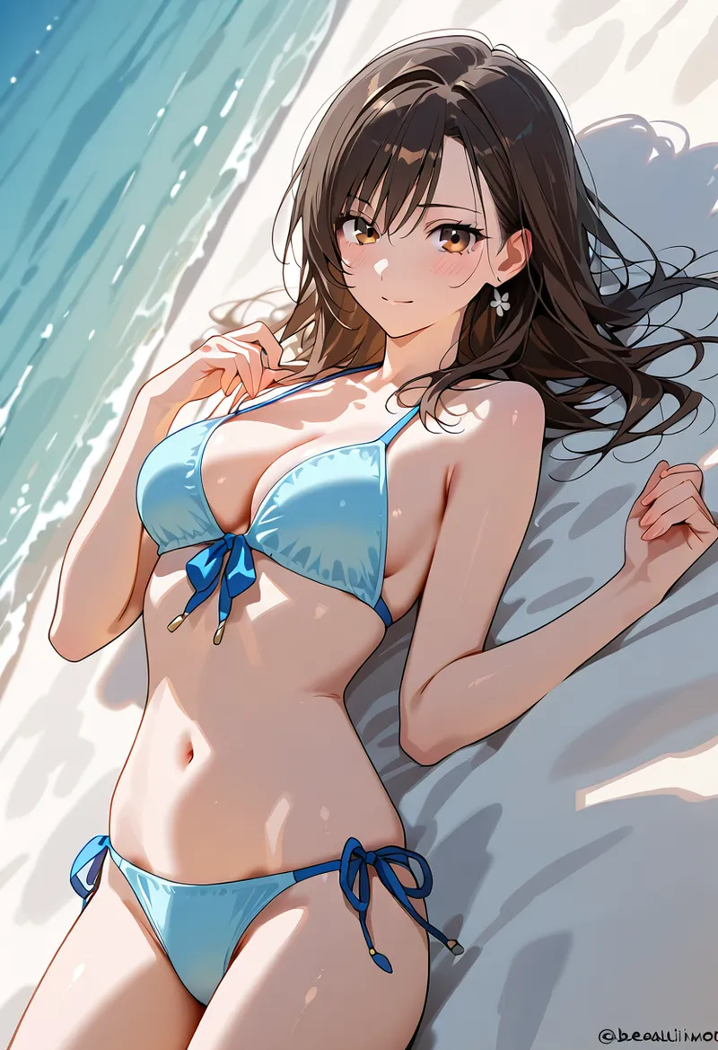 爽やかな青色のビキニを身につけた女の子の夏らしいポートレートイラストです。黒い長髪がやさしく流れ、明るい表情と白い光の背景が心地よい雰囲気を作り出しています。