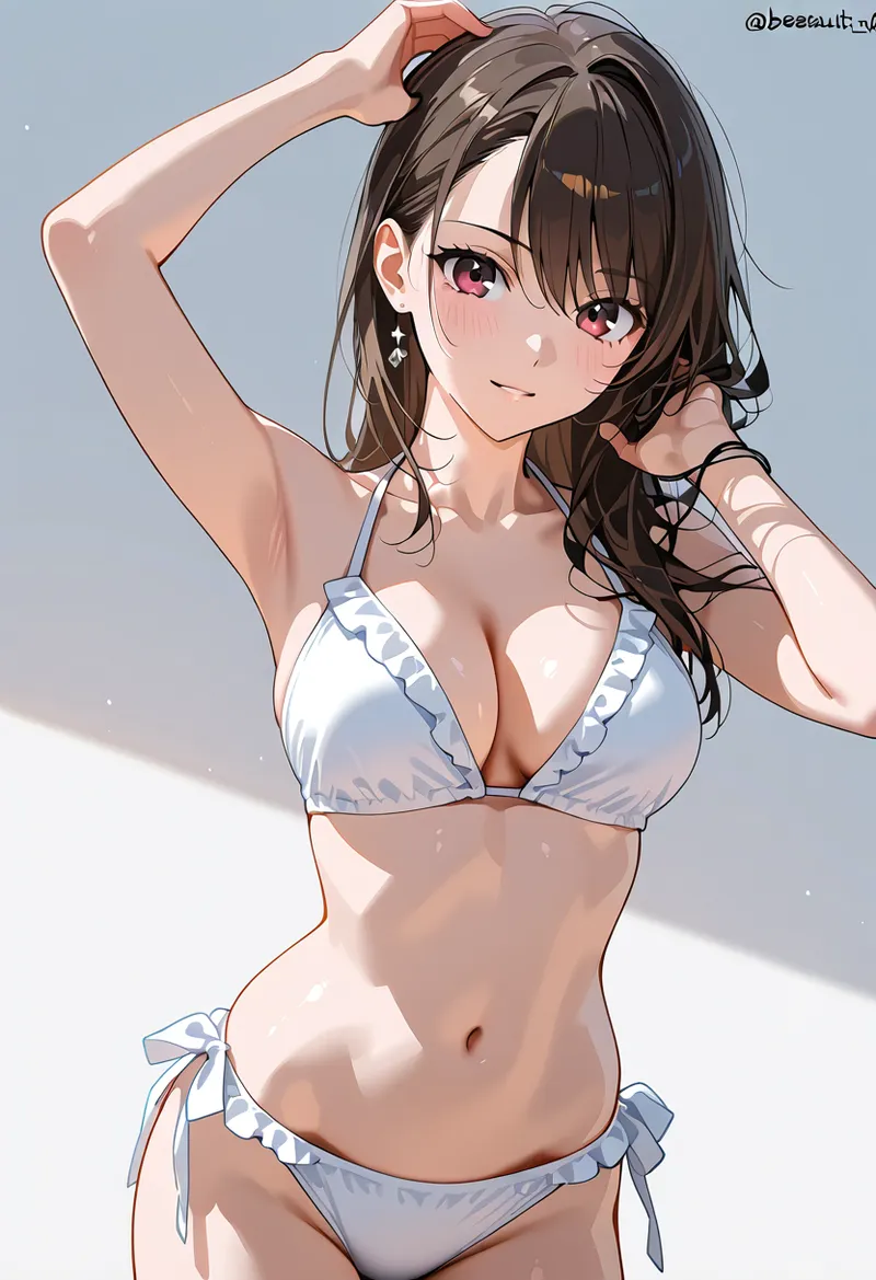 黒い長髪をまとめた美少女のアニメ調イラストです。淡いブルーの装いで清潔感あふれる表情を見せており、爽やかな背景の中で優雅な佇まいを表現しています。