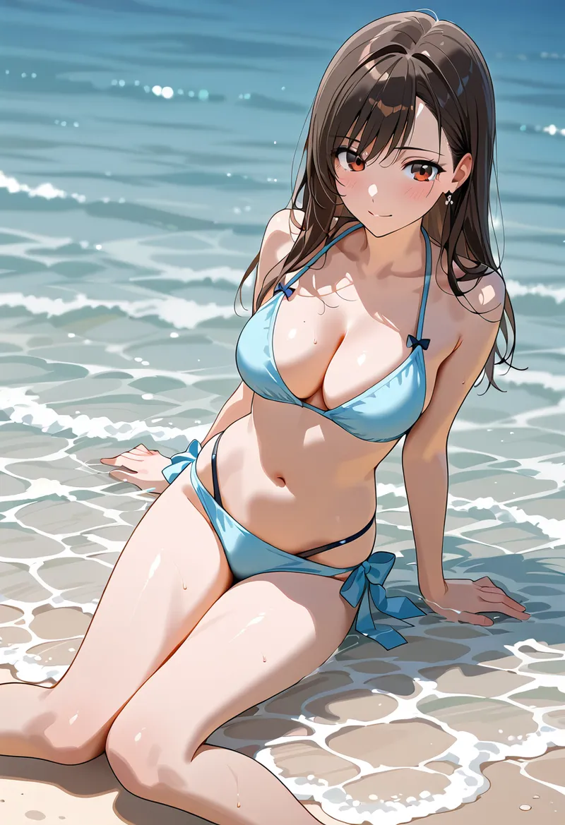 澄んだ海と白い波を背景に、青いビキニ姿で浜辺に座る美少女のアニメ調イラストです。黒髪が風になびき、赤い瞳の優しい表情が印象的で、日差しの中で輝く肌の質感が丁寧に描かれています。