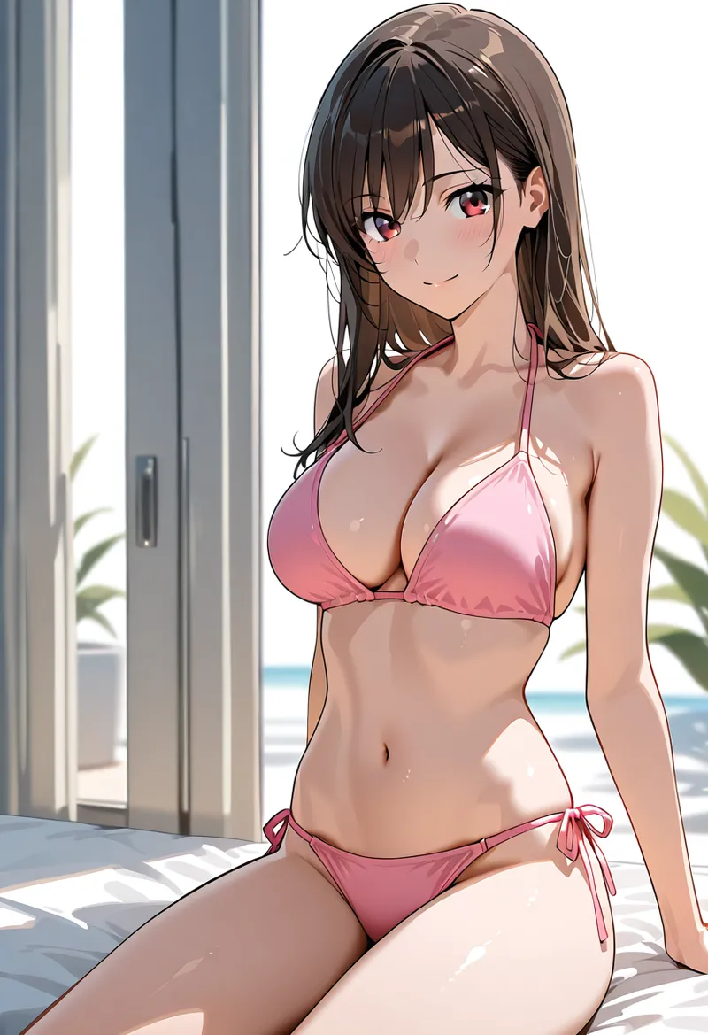 開放的なテラスで海を背景に、ピンク色の水着姿でカメラを見つめる長髪の美少女。柔らかい日差しが肌に映え、エレガントで洗練された表情が印象的なAIイラスト作品です。
