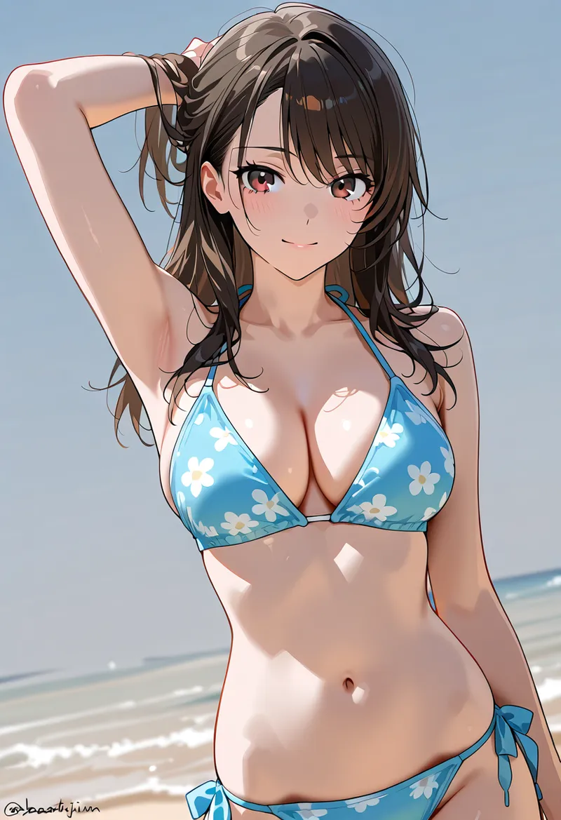 黒髪をまとめた表情豊かな美少女が、白い花模様が入った青い水着姿で海辺に立つアニメ調イラストです。爽やかな背景と優雅なポーズが特徴の作品。