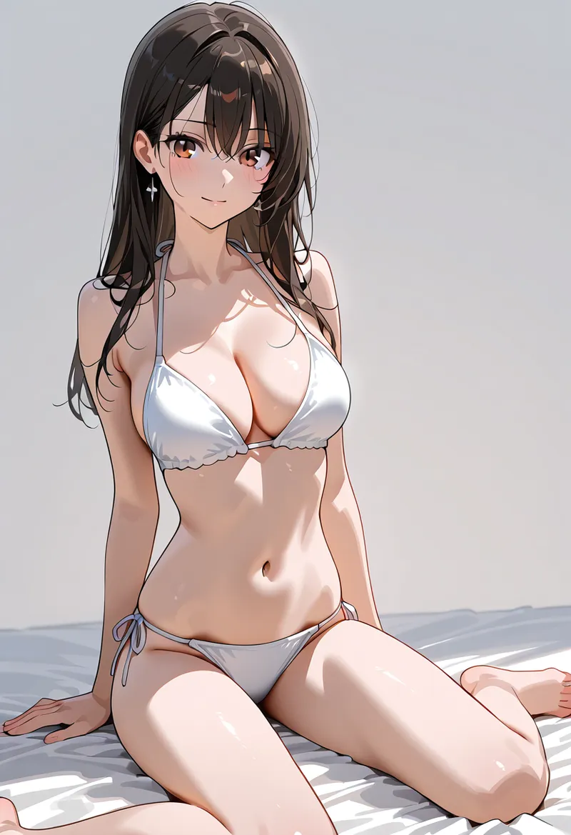 黒髪ロングで赤い瞳の美少女が、白いビキニ姿で撮影されたアニメ調イラストです。柔らかい表情と優雅な仕草が印象的で、グラビア風の構図で描かれています。