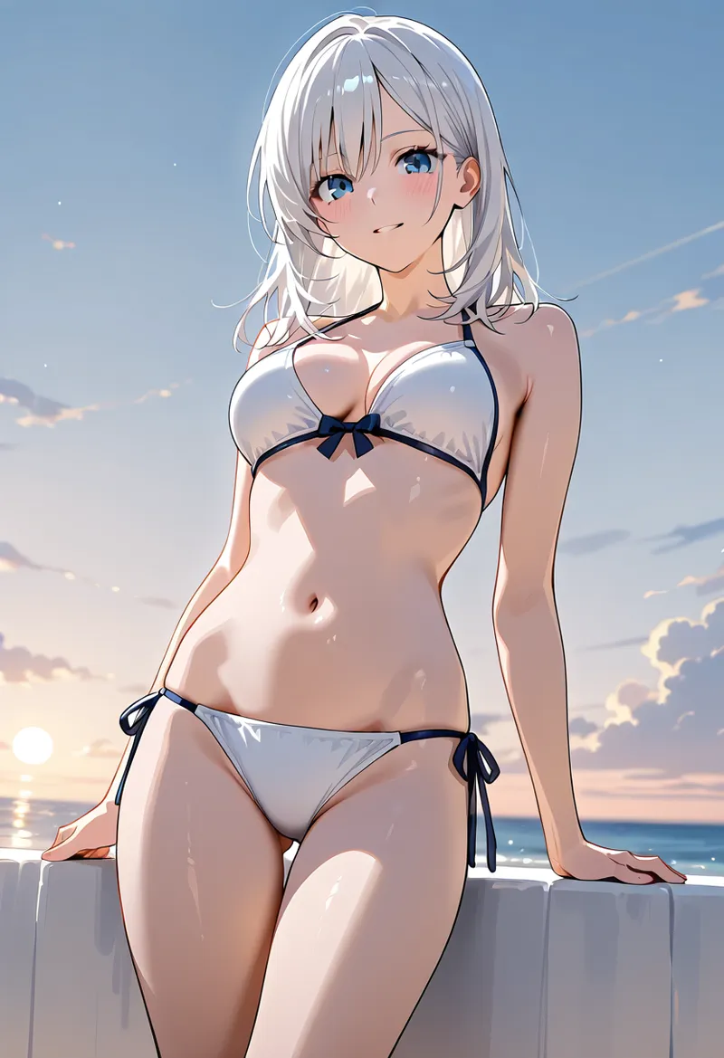 青い瞳と白銀の髪が印象的な美少女が、雲ひとつない青空と海を背景に佇んでいます。柔らかな光に包まれた優雅なアニメ調イラストです。