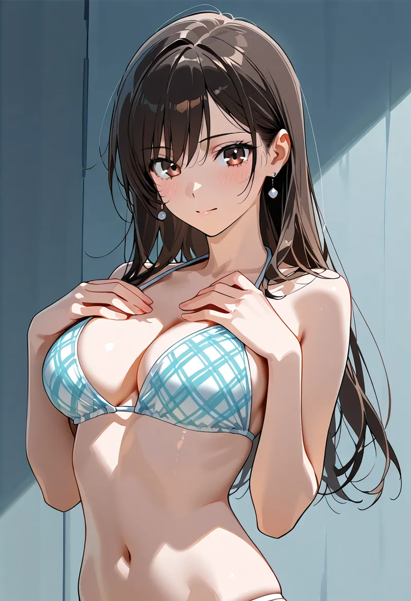 黒髪にペアルピアスを装った清潔感あふれる表情のアニメ調イラストです。青系の落ち着いた背景とライティングが、透明感のある肌質を引き立てています。