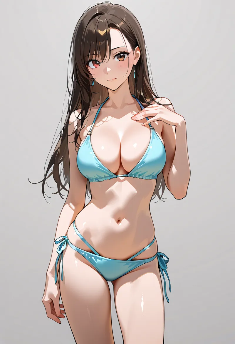 長い黒髪と透き通るような肌が特徴的な美少女イラストです。爽やかな青色の水着姿で、白を基調とした背景の中で落ち着いた表情を見せています。AI生成による滑らかなグラデーションと繊細な陰影が美しく表現されたアニメ調の作品です。