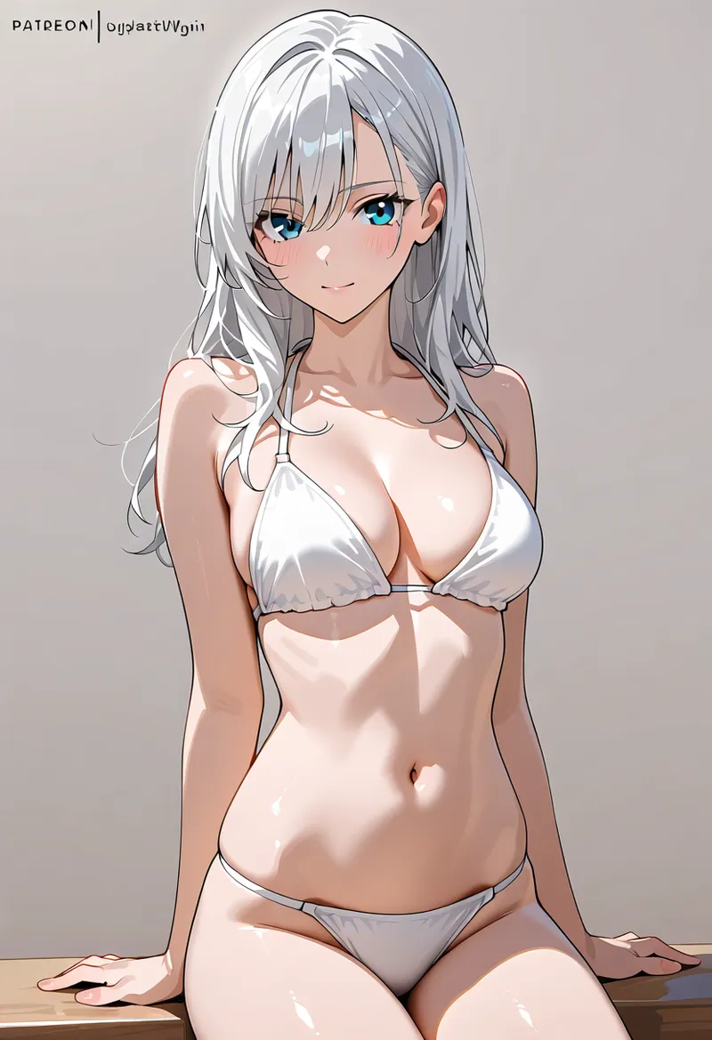 透き通るような銀髪と澄んだ青い瞳が印象的なアニメ調イラストです。柔らかな表情と優雅な仕草で、洗練されたキャラクター表現が際立つ作品です。