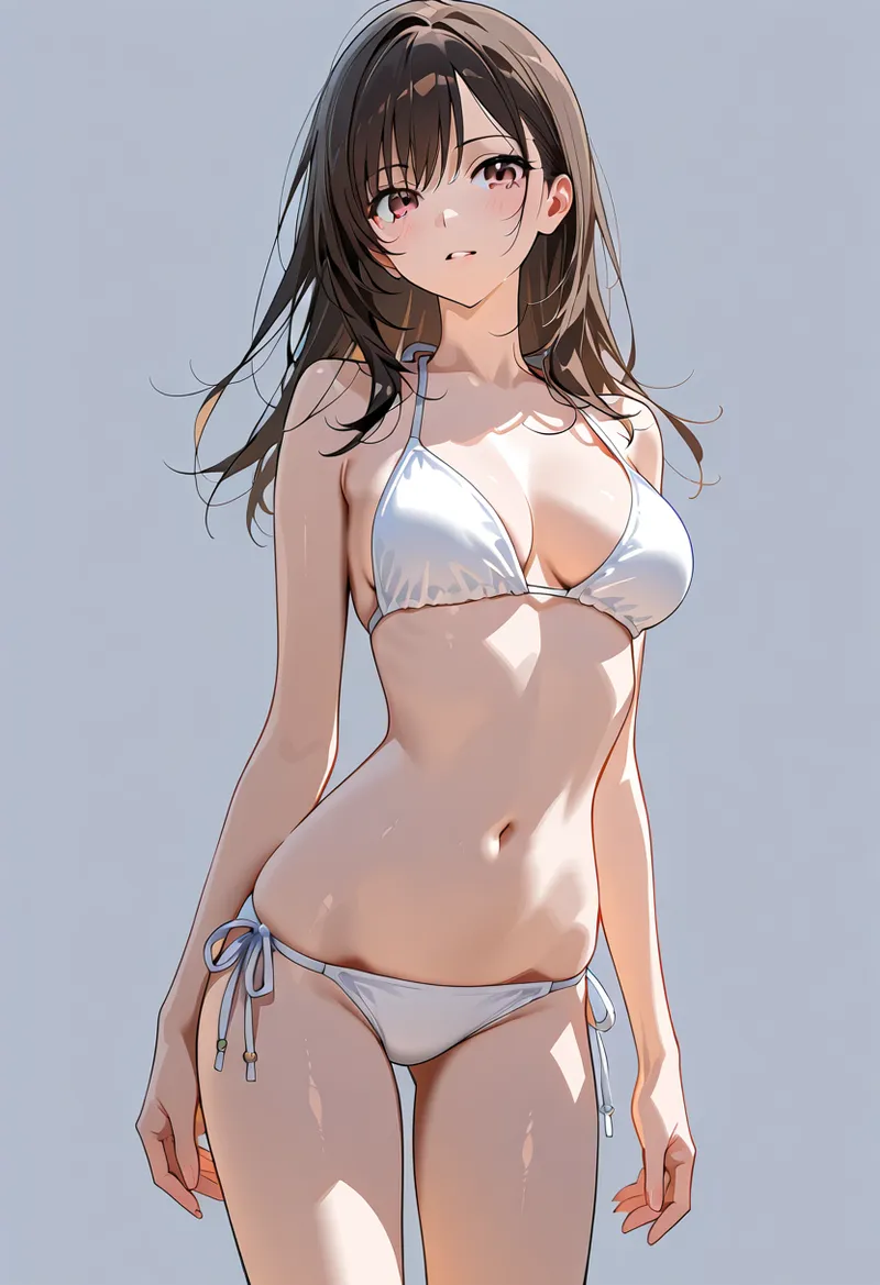 茶色く長い髪と柔らかい表情が印象的な美少女のアニメ調イラストです。白基調のビキニ水着姿で、光と影の表現により立体的に描かれた上質なデジタルアート作品です。