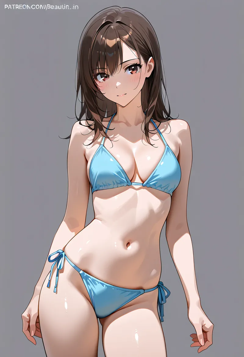 落ち着いた背景に映る、青いビキニ姿の美少女イラスト。柔らかな濃茶髪と透き通るような肌色が特徴で、アニメ調の洗練された画風で描かれています。