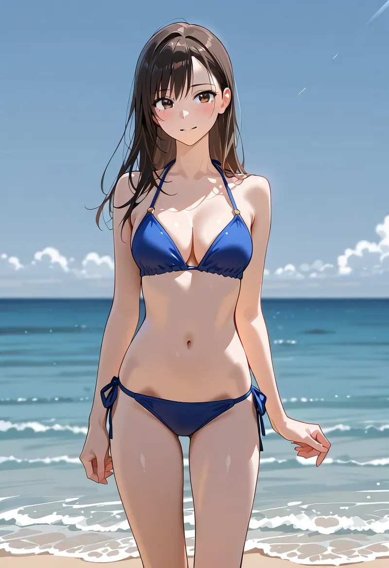 晴れた海辺で、黒髪の美少女がアニメ調イラストで描かれています。紺色の水着姿で、青く輝く海と白い砂浜を背景に、清涼感あふれるビーチシーンが表現されています。