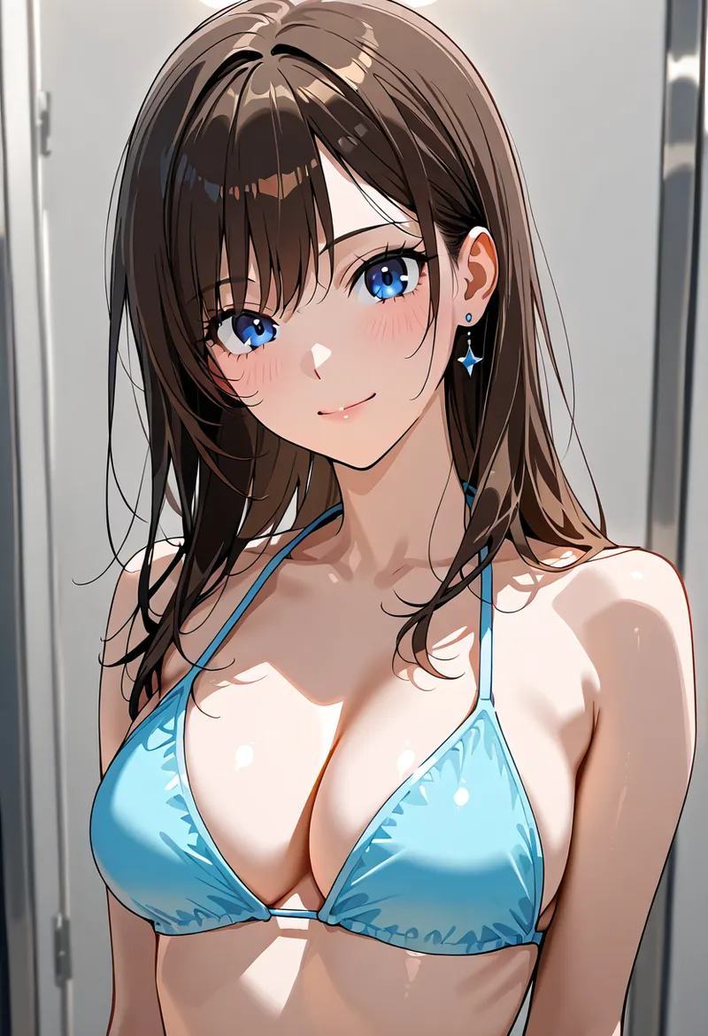 深い青い瞳が印象的な茶髪の美少女が、爽やかな青いビキニを身につけた夏らしいイラストです。柔らかな光と影の表現により、アニメ調の優美な魅力を引き出した作品。