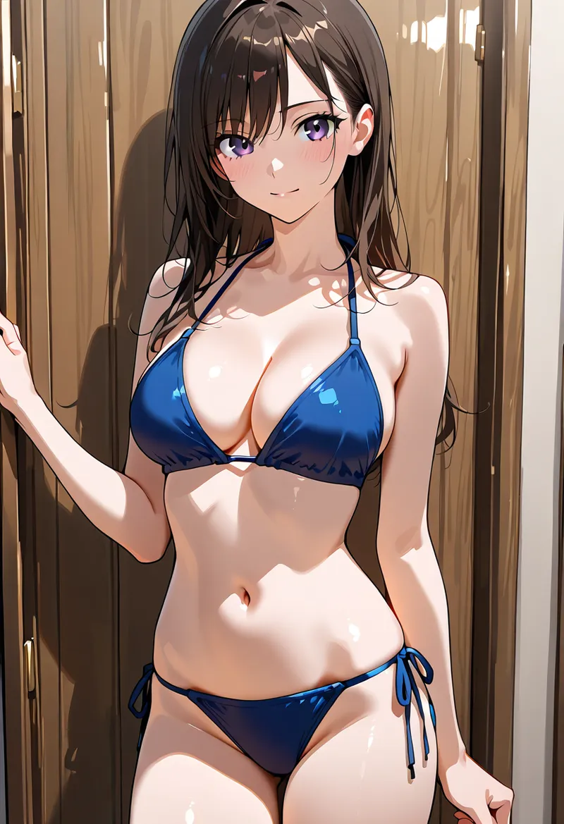 長い黒髪と紫紺の瞳が印象的な美少女のアニメイラスト。柔らかい光が肌を包む室内で、穏やかな表情で優雅に佇む姿が描かれています。