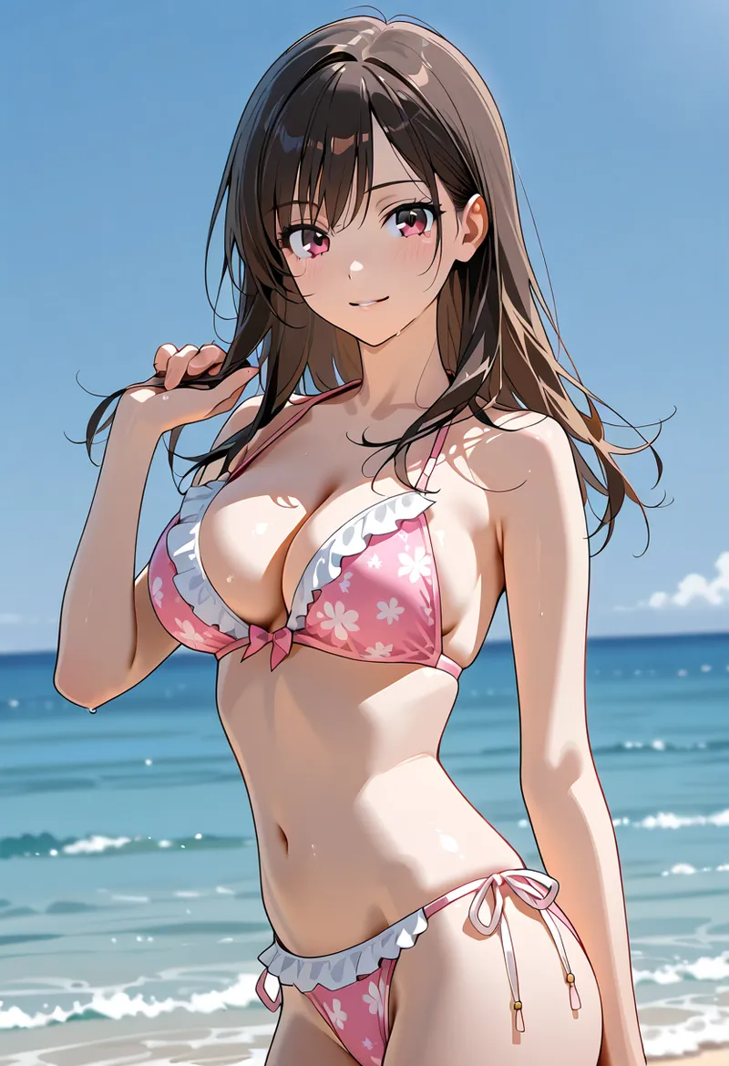紫紅色の瞳を持つ黒髪の美少女が、爽やかな青い海を背景にビーチで微笑む。ピンクの花柄ビキニに白いフリルが可愛らしく、夏の光に映える透き通るような肌が印象的です。