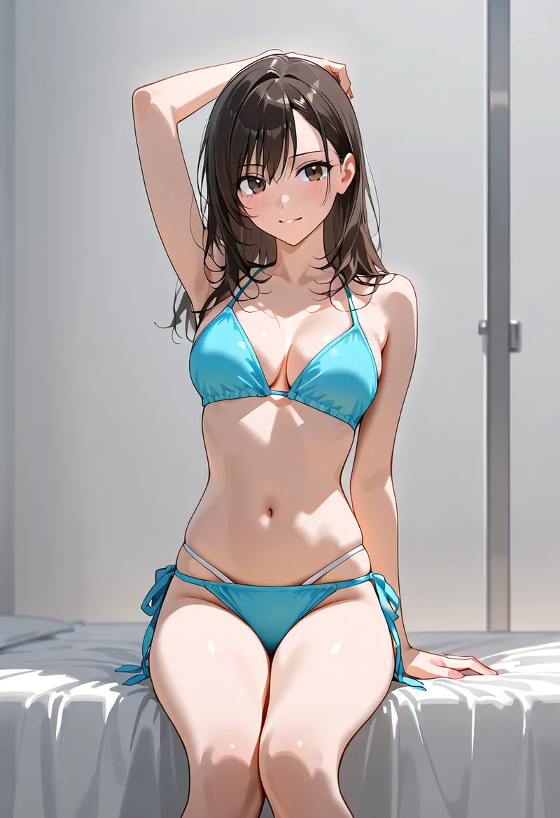 黒髪をかき上げる仕草がキャッチーな、アニメ調の美少女イラスト。ターコイズブルーのビキニウェアとミニマルなメイクで、爽やかで洗練された雰囲気を演出しています。明るい室内背景が柔らかな光を引き立てる一枚です。