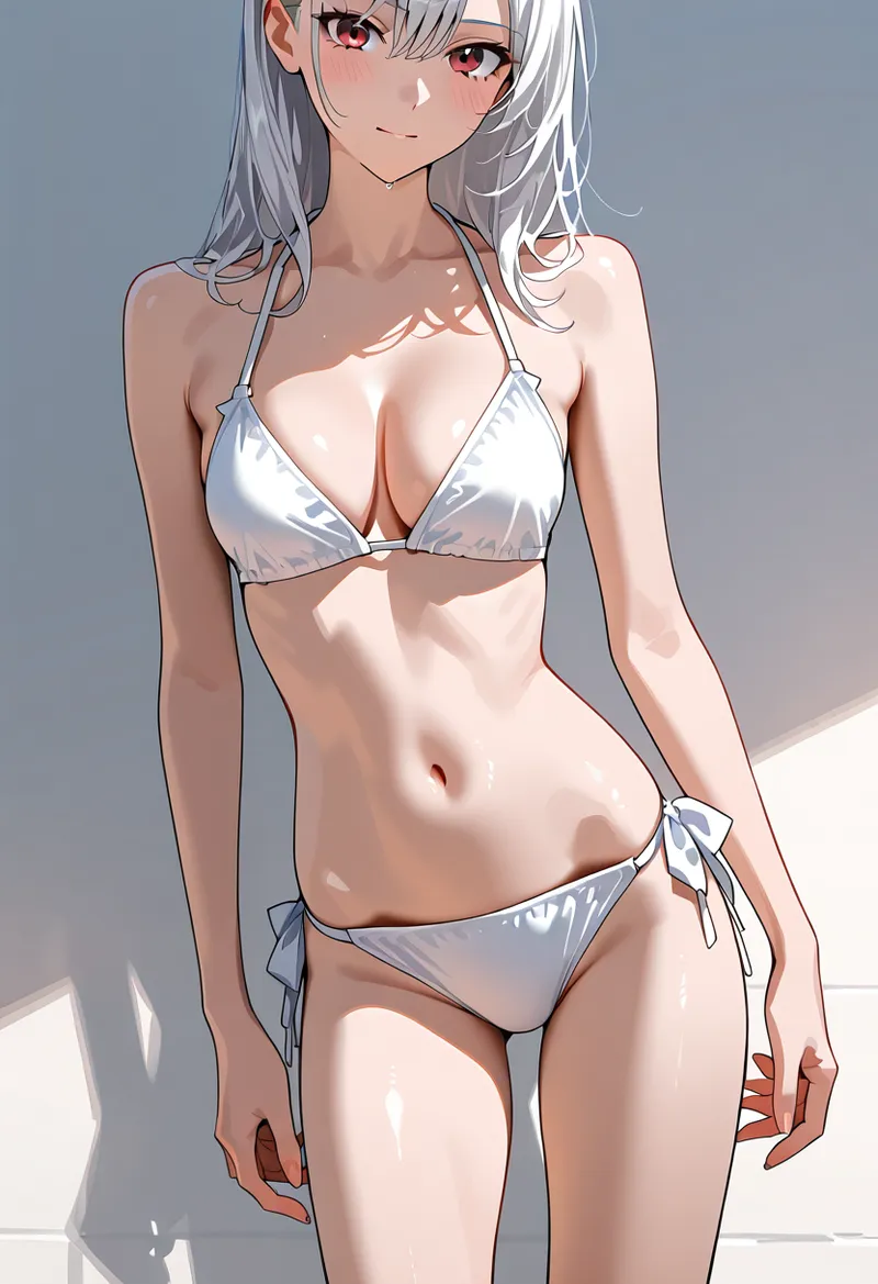 銀髪と赤い瞳が特徴的な美少女が、白いビキニ姿で爽やかに微笑むアニメ調のポートレートです。明るい背景と光の演出により、透明感あふれる夏らしい雰囲気が表現されています。