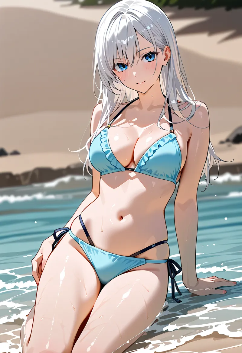 青い瞳が印象的な銀髪の美少女が、波打つ海辺でブルーのビキニ姿でポーズを取るアニメ調イラスト。白砂浜と透明な海水が爽やかな夏の雰囲気を演出しています。