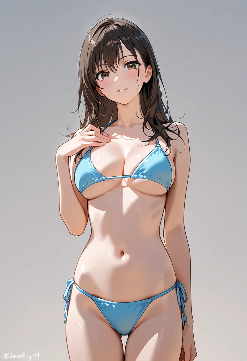 黒髪の前髪が印象的な美少女が、爽やかなブルーのビキニ姿でポーズを決めています。柔らかな照明に包まれた清潔感のあるアニメ調イラストです。