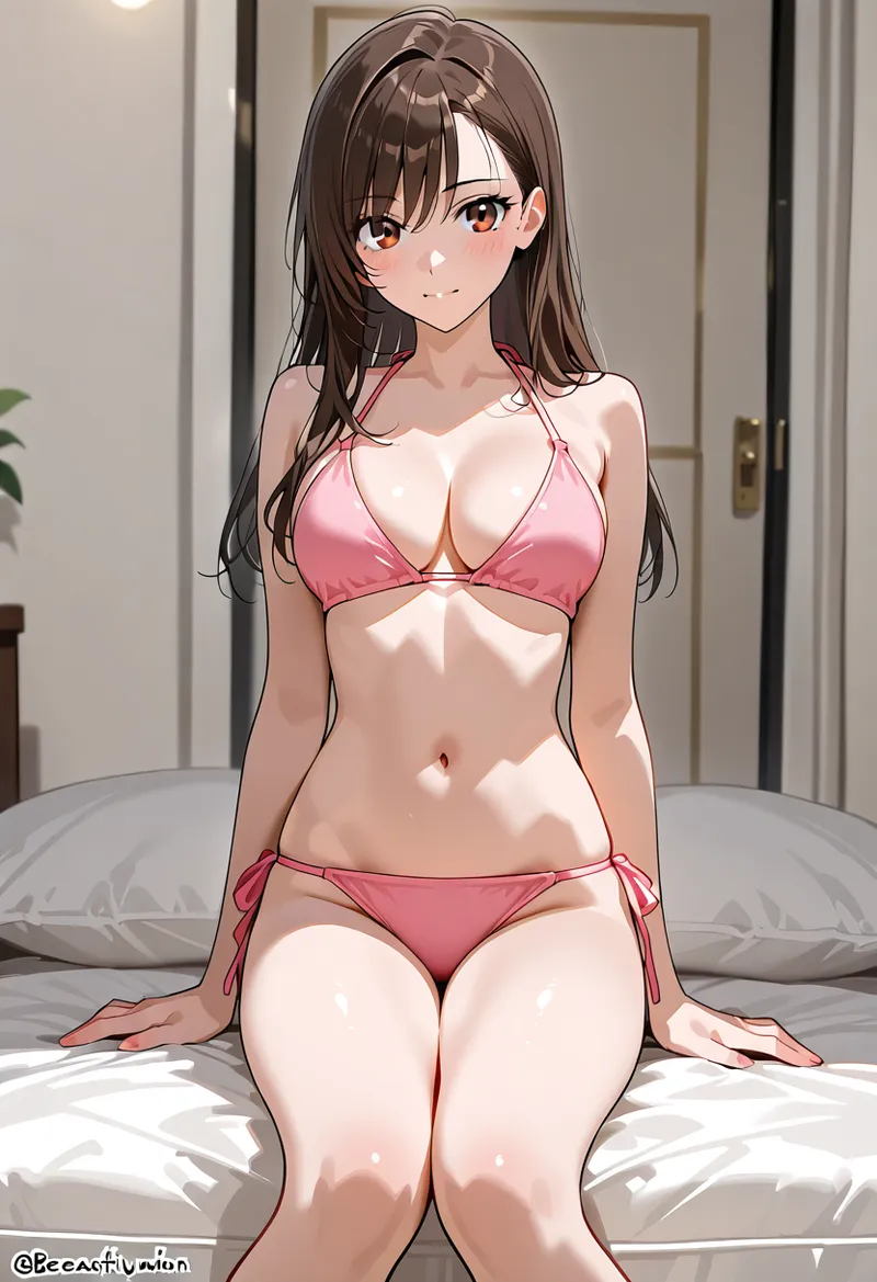 柔らかな室内光に包まれた、長いブラウンヘアの美少女がベッドに座るポートレート。ピンク色の下着姿で、穏やかな表情を浮かべています。モダンな寝室の落ち着いた雰囲気が特徴的なアニメ調イラストです。