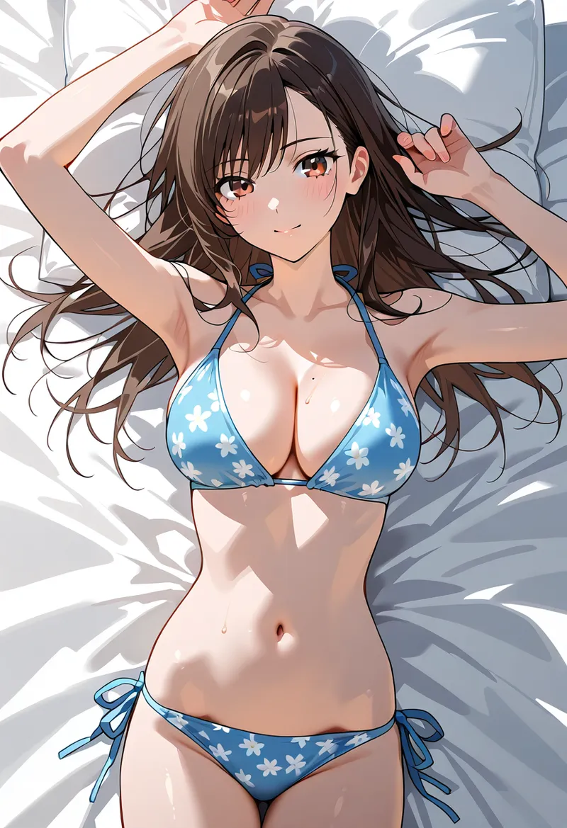 褐色の長髪を優雅にまとめた表情豊かな少女が、白い花模様の青い水着姿で夏らしい一枚です。柔らかな光と影で立体感を表現したAI生成のアニメ調イラストです。