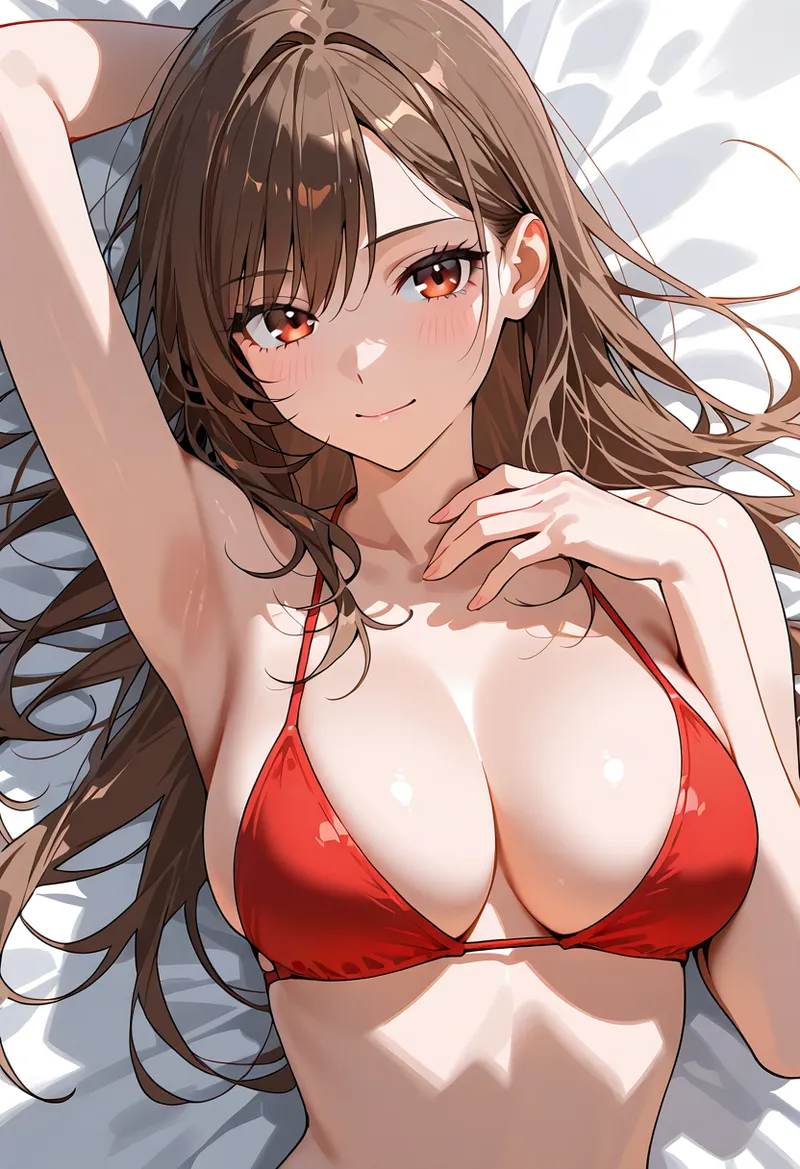 茶髪ロングヘアと温かみのある瞳が魅力的な美少女のアニメ調イラストです。腕を上げたリラックスした姿勢と優しい表情、光と影が美しく表現されています。
