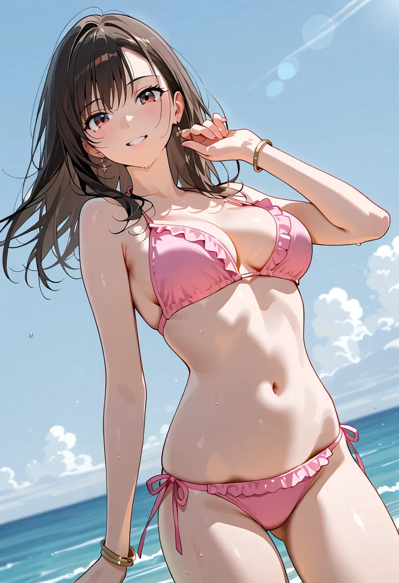 澄み渡った空と海を背景に、ピンク色のビキニを身につけた少女がカジュアルなポーズで微笑む。流れるような黒髪と優しい表情が印象的なアニメ調イラストです。