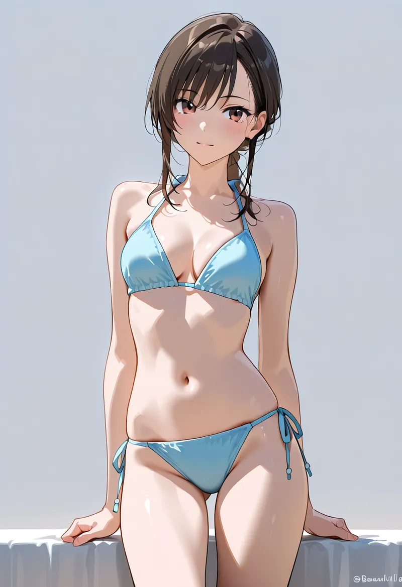 黒髪をツインテールにまとめた美少女が、爽やかな青色の水着を身に纏い、柔らかな表情で正面を向いています。淡い背景に浮かぶように描かれた、アニメ調の優雅なポートレートです。