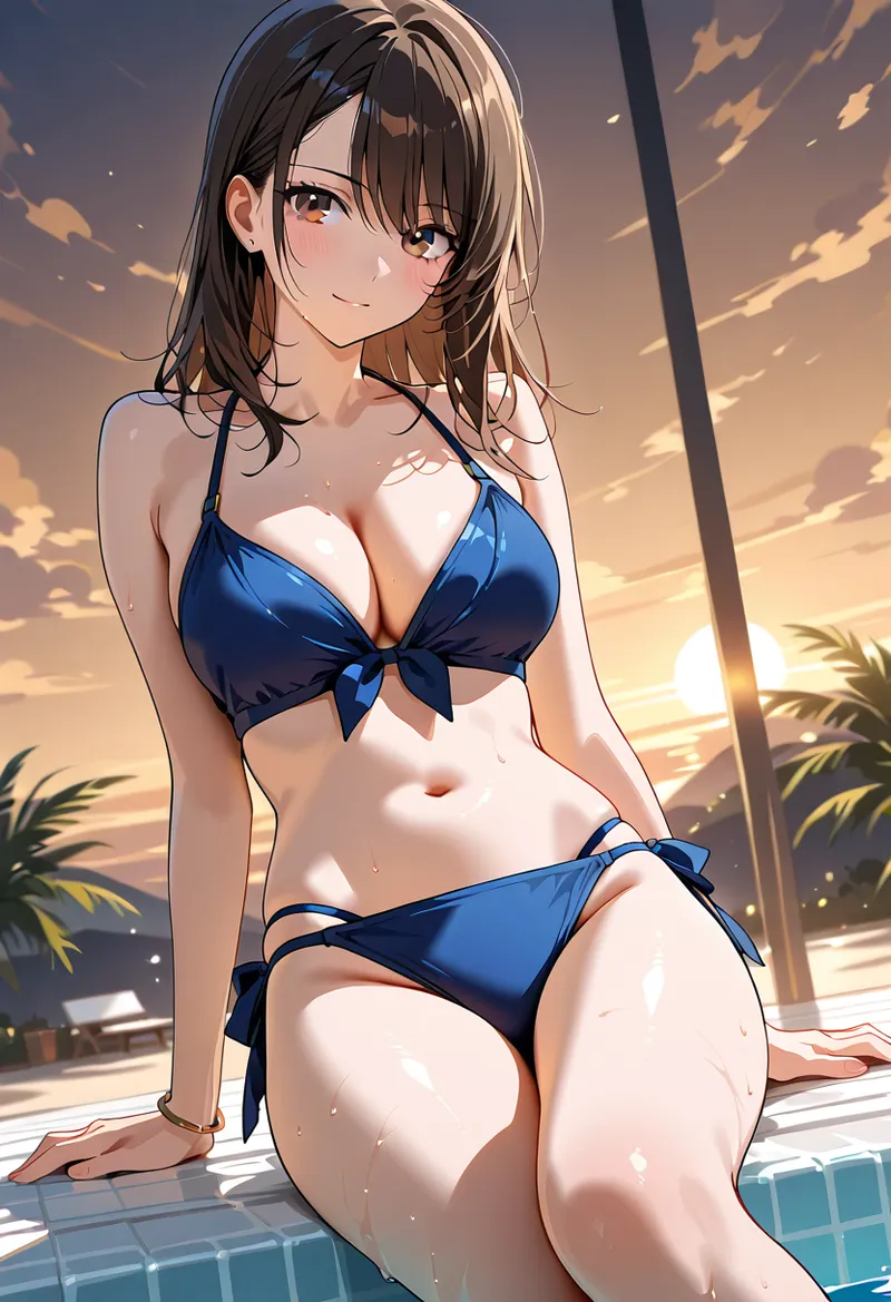 黄金色に染まる夕方のプールサイドで、青い水着姿の美少女がやさしく微笑んでいます。柔らかな光が肌を照らし、背景のヤシの木とビル、水面の反射がアニメ調の繊細な風景を引き立てる一枚です。