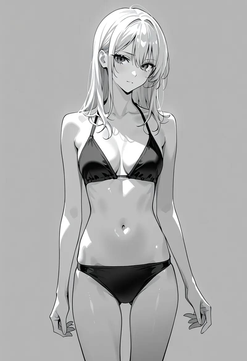 長い白髪を優雅に流した美少女のアニメ調イラストです。黒と白のコントラストが美しいビキニ姿で、柔らかい陰影で立体的に描かれた洗練されたポートレート。
