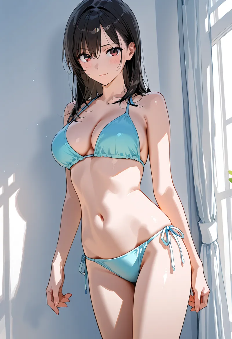 黒髪の美少女が窓からの柔らかな光に包まれ、青いビキニを着た涼しげな表情で立つアニメ調イラスト。明るい室内と大きな窓が印象的な構図です。