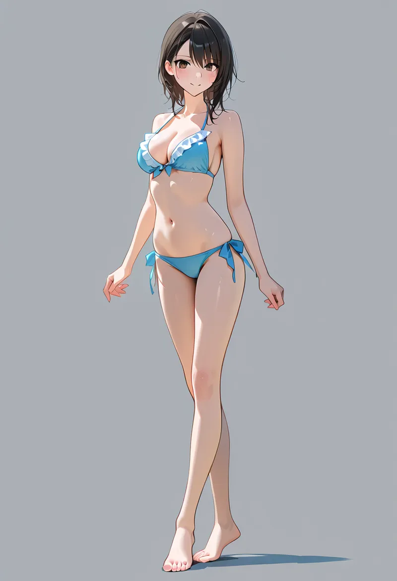 黒髪ショートヘアの少女が、白いフリル付きの青いビキニ姿で立つアニメ調イラストです。涼しげな表情と流線的なポーズが夏らしい魅力を引き出しています。