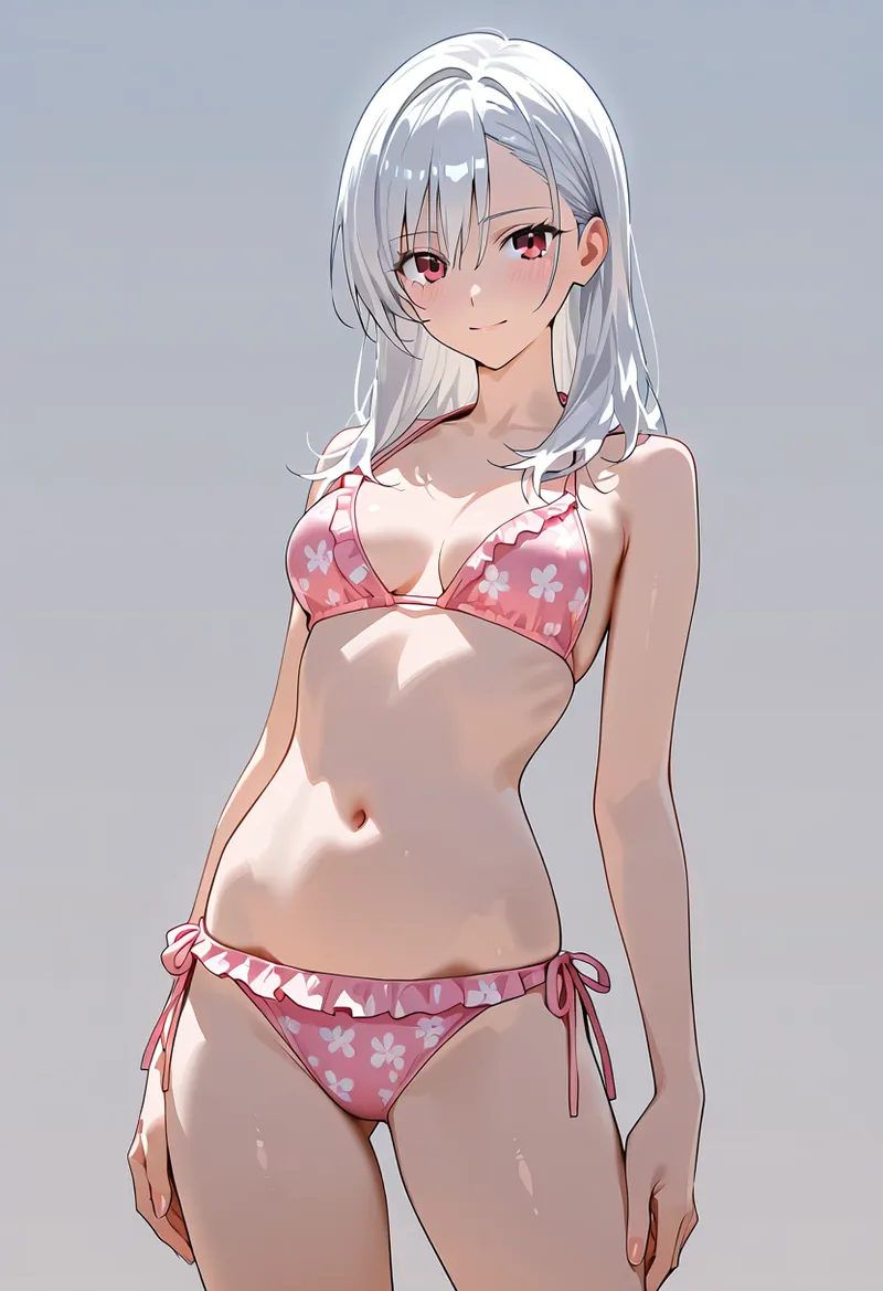 淡いグレーの背景に、銀色のロングヘアと赤紫の瞳が印象的な美少女が立つ。花柄のビキニを身に着けた爽やかなアニメ調イラストです。