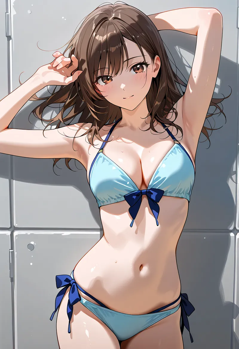 淡い水色のビキニに深紺のリボンを合わせた美少女イラスト。窓の光が柔らかく差し込む室内で、髪をかき上げるしぐさを見せる自然な表情と優雅な構図が特徴です。