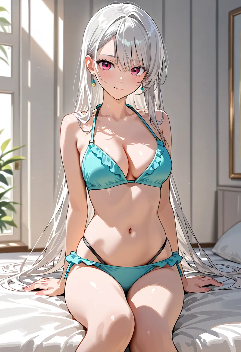 シルバーの長髪に赤紫の瞳が印象的な美少女のアニメ調イラスト。室内の柔らかな陽光が射す空間で、上品な色合いの衣装を身につけた姿が描かれています。艶やかで優雅な表情が特徴的な作品です。