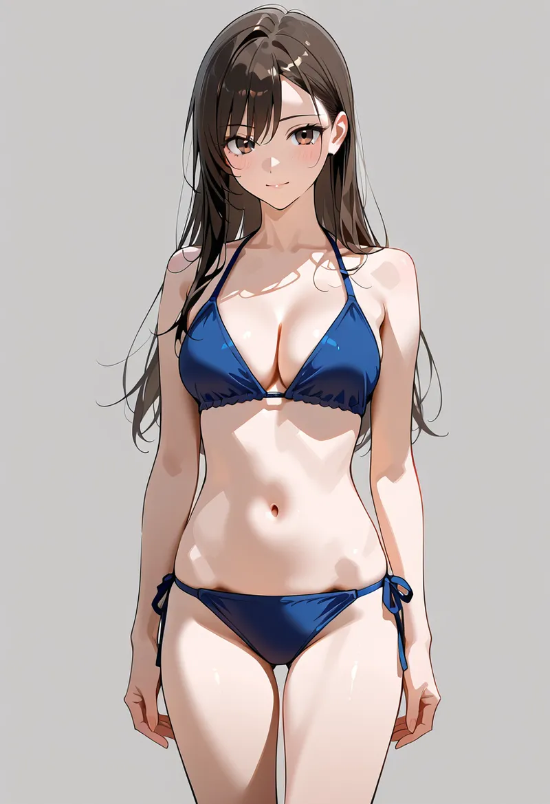 紺色のビキニを身につけた美少女のポートレートイラストです。黒髪ロングで清楚な表情をしており、落ち着いた背景の中で優雅な姿勢で描かれています。