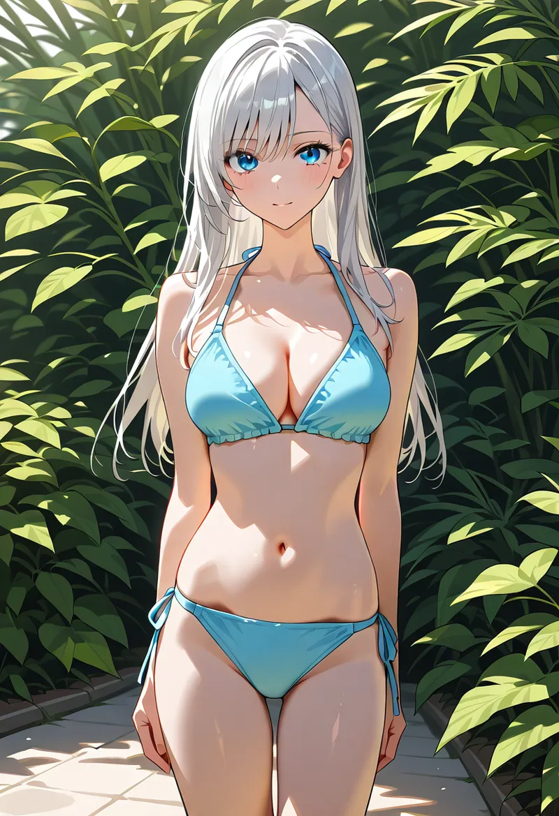鮮やかな青いビキニを身につけた白髪の美少女が、緑あふれる庭園で涼しげな表情を浮かべています。透き通るような青い瞳と柔らかな日差しが印象的なアニメ調イラストです。