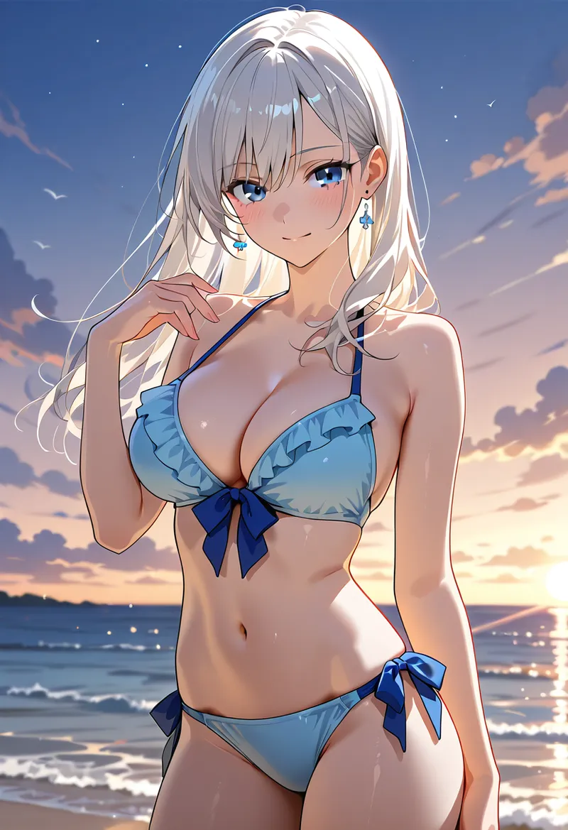 白銀の長髪と澄んだ青い瞳が印象的な少女が、夕焼けに染まるビーチで優雅に佇むアニメ調イラスト。波音と光に包まれた夏の情景が美しく表現されています。