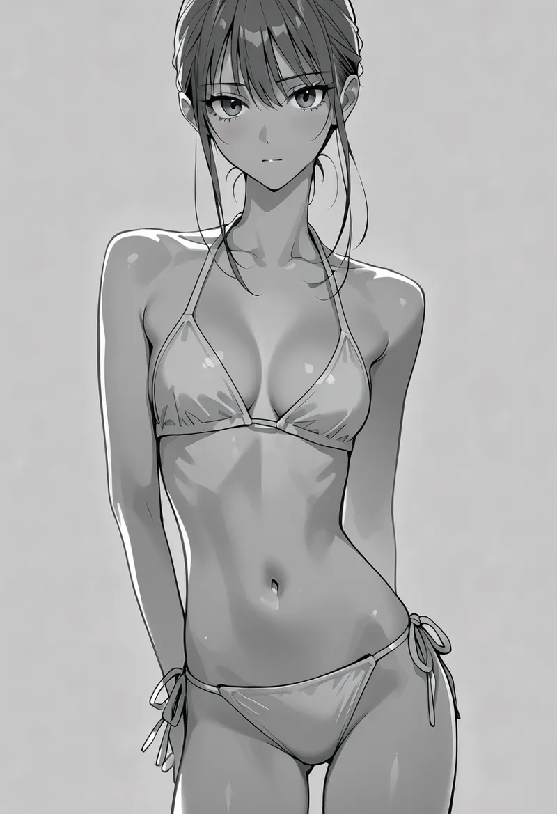 長髪と大きな瞳が特徴的な美少女を、モノトーン調で描いた水着イラストです。繊細な線描と光と影の表現により、洗練された夏の雰囲気が漂う作品となっています。