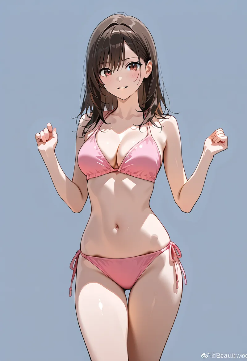 淡いブルーの背景に映える、ピンク色のビキニを着た美少女のアニメ調イラストです。柔らかな茶髪と清潔感のある表情が印象的で、夏らしい爽やかな雰囲気が漂っています。